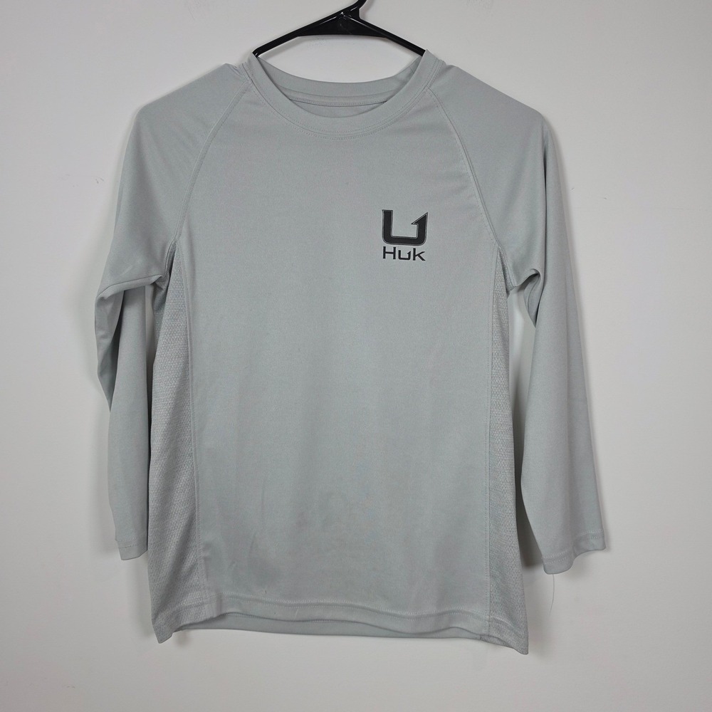 Huk Pursuit Fishing Shirt Kids Youth Medium Gray Long Sleeve Performance Graphic